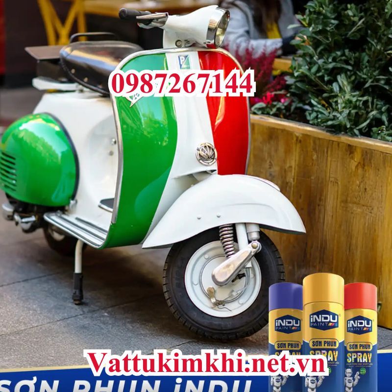 Bộ sản phẩm sơn phun INDU gồm sơn lót, sơn màu và sơn phủ bóng
